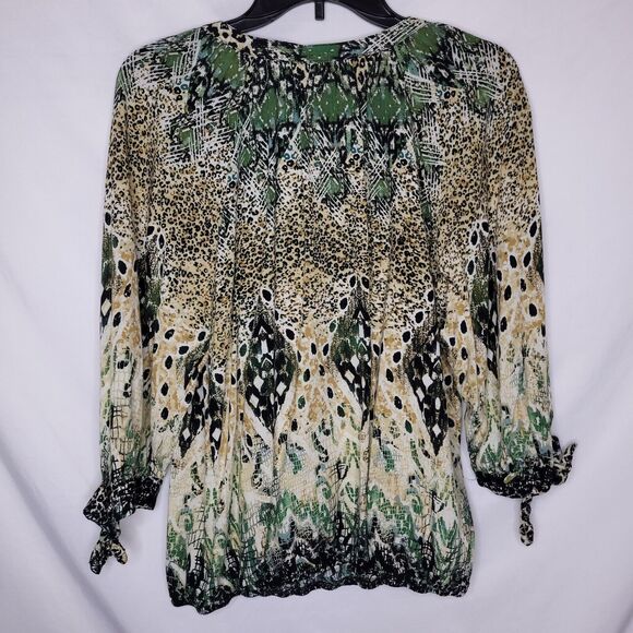 Fig & Flower Blouse Womens Large Green Yellow Leopard Print Abstract - Picture 5 of 10